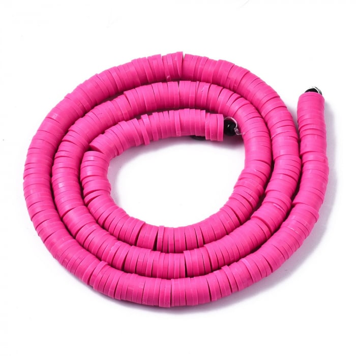Margele din lut polimeric, handmade, disc, heishi, 6X1 mm, roz aprins, 1 sir [2]