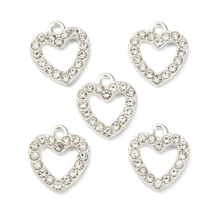 Pandant charm inimoara argintie cu rhinestones transparente, 14X12,5 mm, 1 bucata [3]