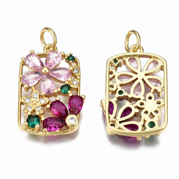 Pandant cu flori, din alama placata cu aur de 16 K si cristale Cubic Zirconia, 21.5X14 mm, 1 buc [3]