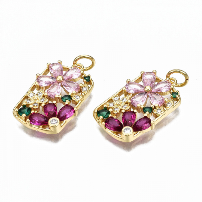 Pandant cu flori, din alama placata cu aur de 16 K si cristale Cubic Zirconia, 21.5X14 mm, 1 buc [2]