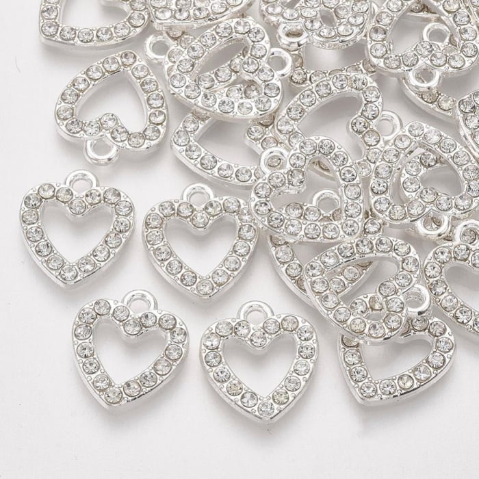 Pandant charm inimoara argintie cu rhinestones transparente, 14X12,5 mm, 1 bucata [2]
