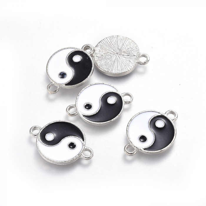 Conector emailat Yin Yang alb si negru, metal argintiu, 26X18 mm, 1 buc [1]