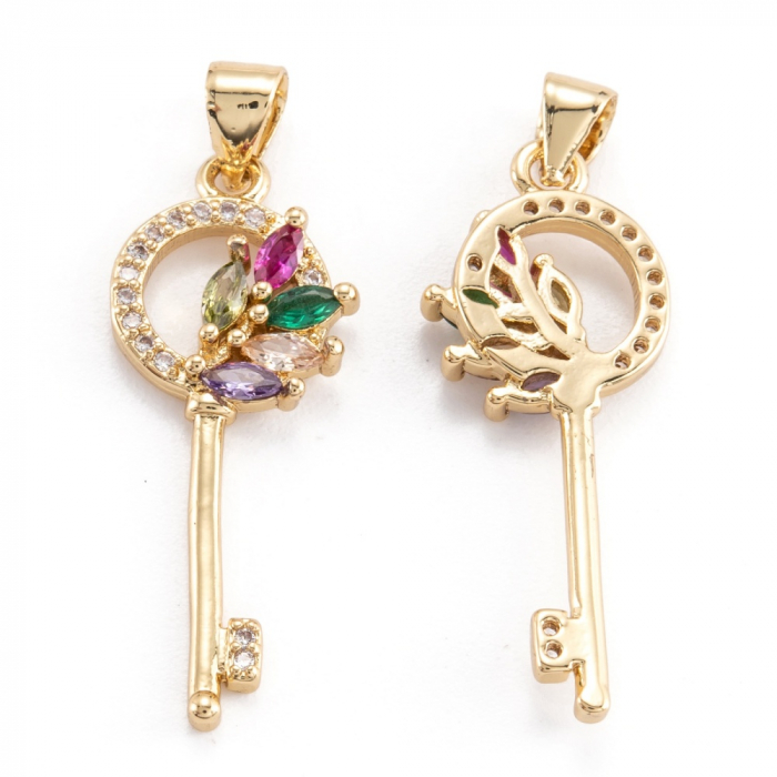 Pandant cheie, din alama placata cu aur de 18 K si cristale Cubic Zirconia, 30X12 mm, 1 buc [2]