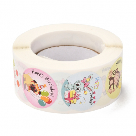 Abtipild sticker mixt rotund cu Happy BIrthday cu animalute, 1 rola cu aproximativ 500 stickere [1]