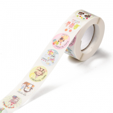 Abtipild sticker mixt rotund cu Happy BIrthday cu animalute, 1 rola cu aproximativ 500 stickere [2]