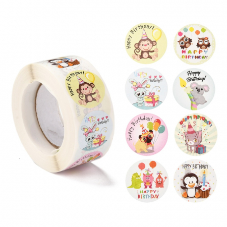 Ambalaje, cutii - Abtipild sticker mixt rotund cu Happy BIrthday cu animalute, 1 rola cu aproximativ 500 stickere