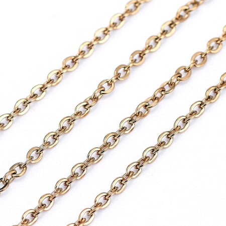 Lant - Lanț cablu din inox 304, placat cu aur 18K prin Ion Plating, zale ovale plate 1.6x1.3x0.3 mm – la metru
