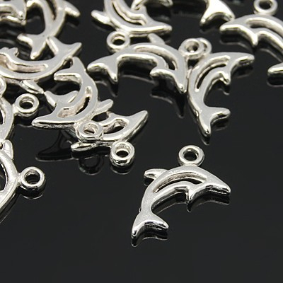 Charm, Pandant, Conector - Charm, alama argintie, 12.5X6 mm, delfin, 1 buc