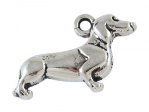 Charm, Pandant, Conector - Charm catel, caine, Dachshund argintiu antichizat - 20x13 mm - 1 bucata