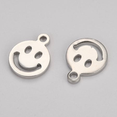 Charm, Pandant, Conector - Charm Emoticon, Smiley Face, din alama argintiu inchis, 10X8 mm