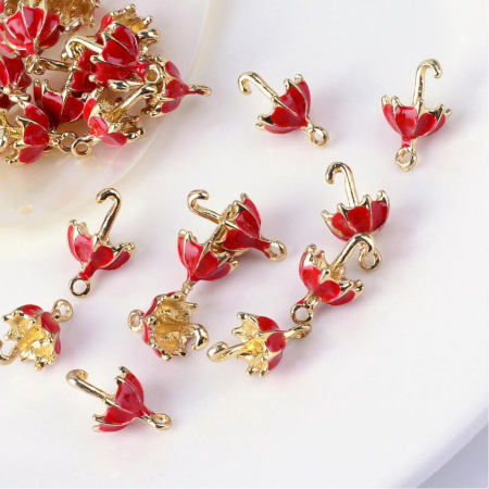Charm, Pandant, Conector - Charm emailat, 3D, umbreluta rosie, aurie