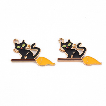 Charm emailat, pisica neagra pe matura, Halloween, metal auriu, 20X34 mm, 1 buc [1]