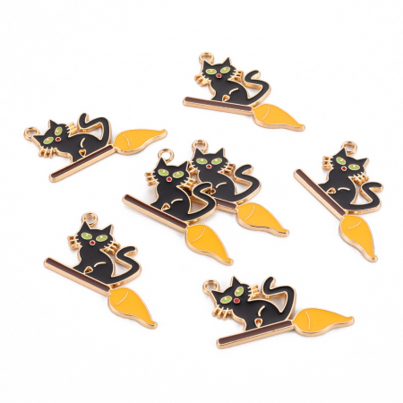 Charm emailat, pisica neagra pe matura, Halloween, metal auriu, 20X34 mm, 1 buc [2]