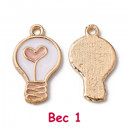 Charm, Pandant, Conector - Charm emailat bec alb cu interior roz pal, metal auriu, 20X12 mm, 1 buc