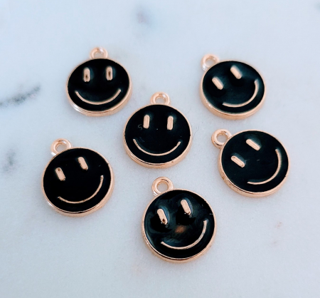 Charm, Pandant, Conector - Charm emailat, Emoticon, Smiley Face Negru, metal auriu, 14.5X12 mm, 1 buc