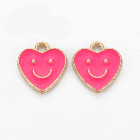 Charm, Pandant, Conector - Charm emailat, Emoticon, Smiley Face Inima Roz, metal auriu, 13X12 mm, 1 buc