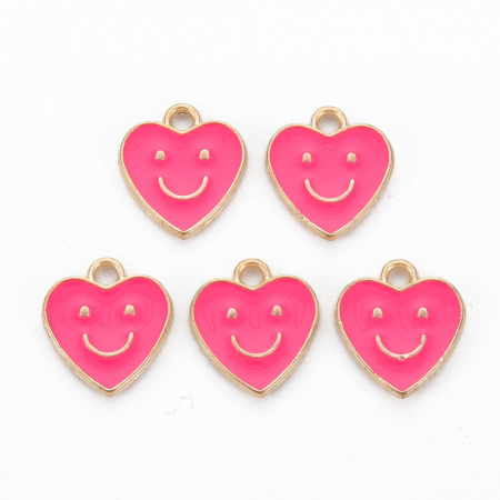 Charm emailat, Emoticon, Smiley Face Inima Roz, metal auriu, 13X12 mm, 1 buc [2]