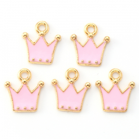 Charm, Pandant, Conector - Charm emailat coronita roz, metal auriu, 12X11 mm, 1 buc