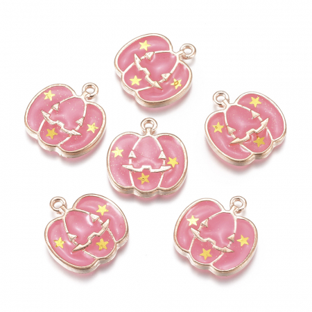 Charm, Pandant, Conector - Charm emailat, Dovleac roz, Halloween, metal auriu, 20X18 mm, 1 buc