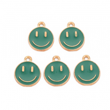 Charm emailat, Emoticon, Smiley Face Verde Inchis, metal auriu, 14.5X12 mm, 1 buc [2]