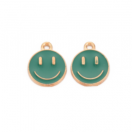 Charm, Pandant, Conector - Charm emailat, Emoticon, Smiley Face Verde Inchis, metal auriu, 14.5X12 mm, 1 buc