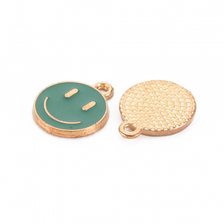 Charm emailat, Emoticon, Smiley Face Verde Inchis, metal auriu, 14.5X12 mm, 1 buc [1]