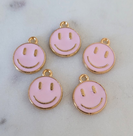 Charm, Pandant, Conector - Charm emailat, Emoticon, Smiley Face Roz, metal auriu, 14.5X12 mm, 1 buc