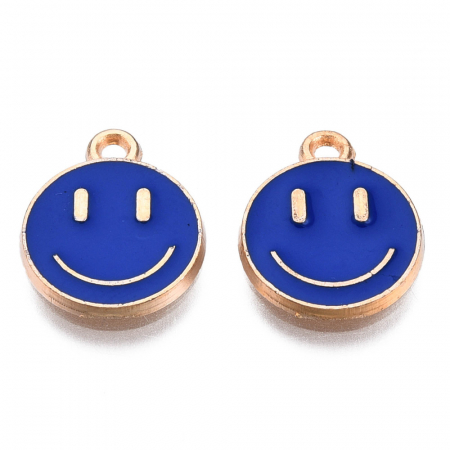 Charm, Pandant, Conector - Charm emailat, Emoticon, Smiley Face Albastru Inchis, metal auriu, 14.5X12 mm, 1 buc