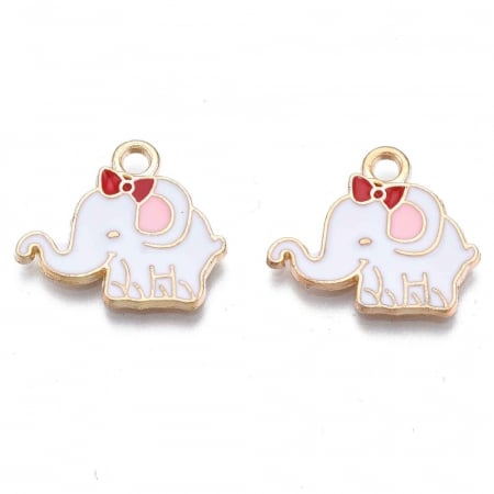 Charm, Pandant, Conector - Charm emailat elefant alb cu rosu, metal auriu, 15X18.5 mm, 1 buc