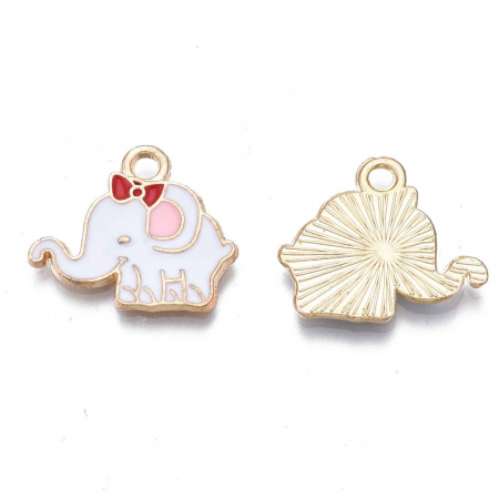 Charm emailat elefant alb cu rosu, metal auriu, 15X18.5 mm, 1 buc [1]