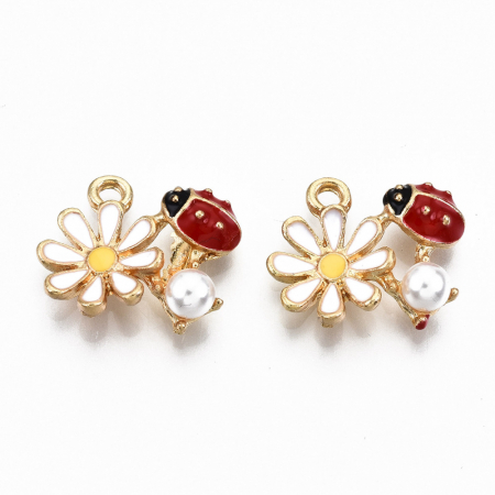 Charm, Pandant, Conector - Charm emailat floare cu buburuza, metal auriu, 13X16 mm, 1 buc