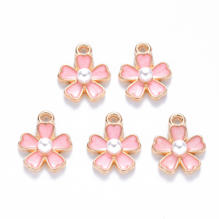Charm, Pandant, Conector - Charm emailat floare Roz cu perluta, metal auriu, 14.5X11.5 mm, 1 buc