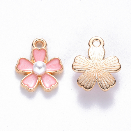 Charm emailat floare Roz cu perluta, metal auriu, 14.5X11.5 mm, 1 buc [1]