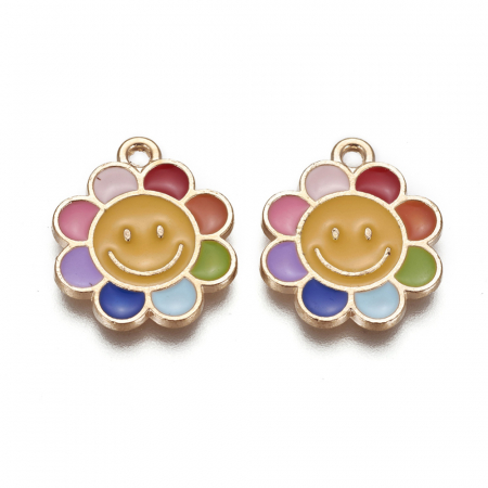 Charm, Pandant, Conector - Charm emailat floare multicolora, metal auriu, 19X16 mm, 1 buc
