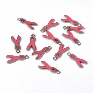 Charm emailat, fundita roz, cancer awareness, funda, argintiu antichizat, 19X 8 mm, 1 buc [2]