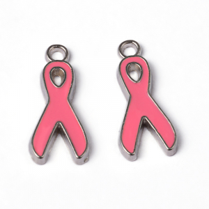 Charm, Pandant, Conector - Charm emailat, fundita roz, cancer awareness, funda, argintiu antichizat, 19X 8 mm, 1 buc