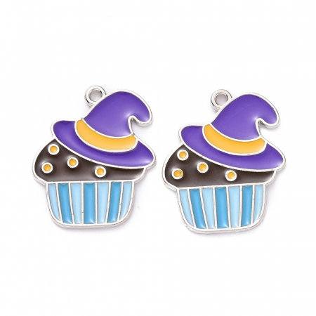 Charm, Pandant, Conector - Charm emailat, briosa cu palarie, Halloween, metal auriu, 22X18 mm, 1 buc