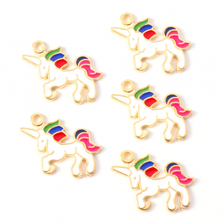 Charm, Pandant, Conector - Charm emailat, Unicorn colorat, metal auriu, 20X22 mm, 1 buc