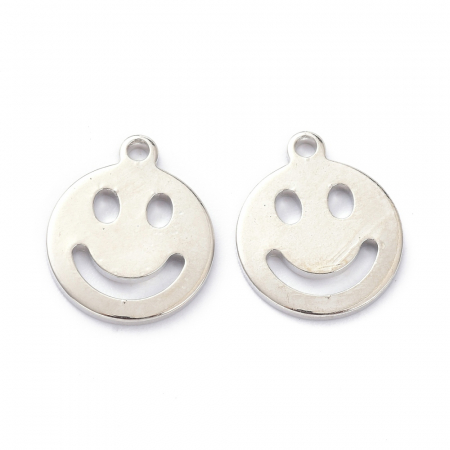Charm, Pandant, Conector - Charm Emoticon, Smiley Face, din alama placata cu platina, 13X11 mm