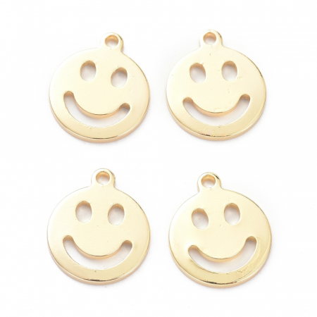 Charm Emoticon, Smiley Face, din alama placata cu aur de 14K, 13X11 mm [1]