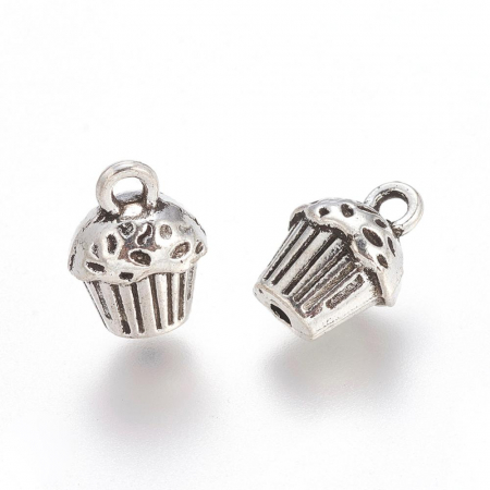 Charm, Pandant, Conector - Charm pantant cupcake, briosa, argintiu antichizat, 14X10 mm, 1 buc