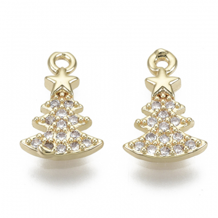 Charm, Pandant, Conector - Charm pandant pom de Craciun din alama placata cu aur de 18 K si cristale Cubic Zirconia, 12X8 mm, 1 buc