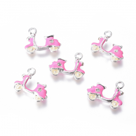 Charm, Pandant, Conector - Charm pandant scooter, autobike, emailat roz, cristal,  placat cu argint 15X19 mm, 1 buc