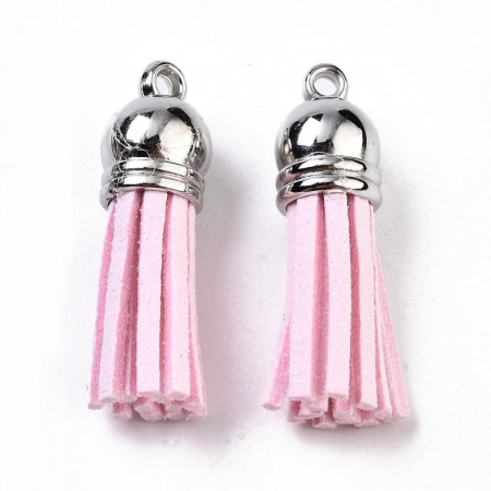 Accesorii diverse - Ciucure tassel din suede culoare roz cu capac argintiu inchis, 38 X10 mm, 1 bucata