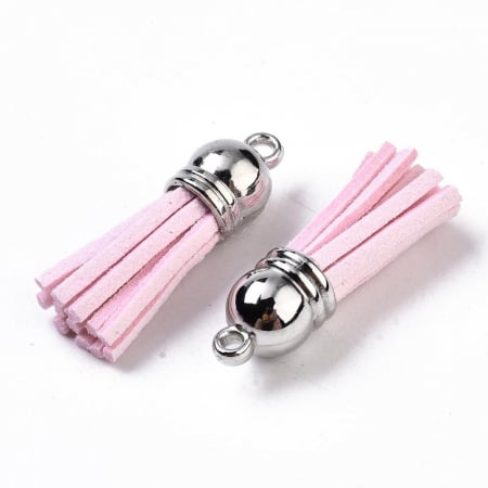 Ciucure tassel din suede culoare roz cu capac argintiu inchis, 38 X10 mm, 1 bucata [1]