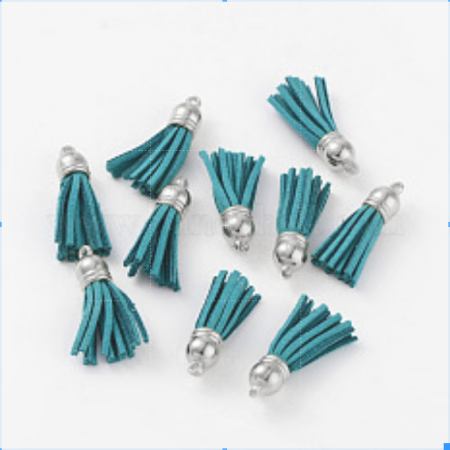 Accesorii diverse - Ciucure tassel din suede culoare aqua inchis cu capac argintiu inchis, 38 X10 mm, 1 bucata