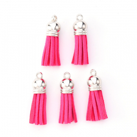 Ciucure tassel din suede culoare roz aprins cu capac argintiu inchis, 38 X10 mm, 1 bucata [1]