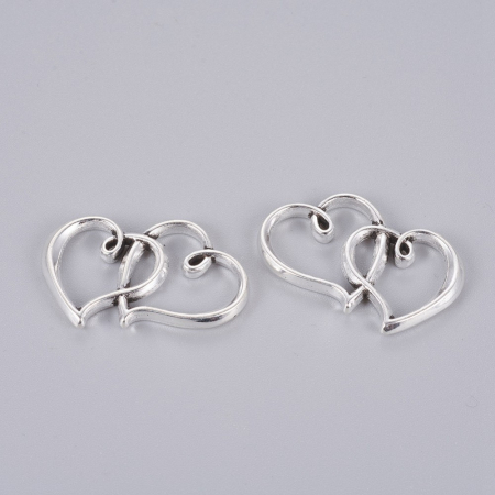 Charm, Pandant, Conector - Conector argintiu antichizat inimi duble, 24x31 mm - 1 bucata