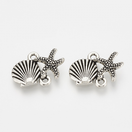 Charm, Pandant, Conector - Conector argintiu antichizat scoica si steluta de mare, 18X13 mm - 1 bucata