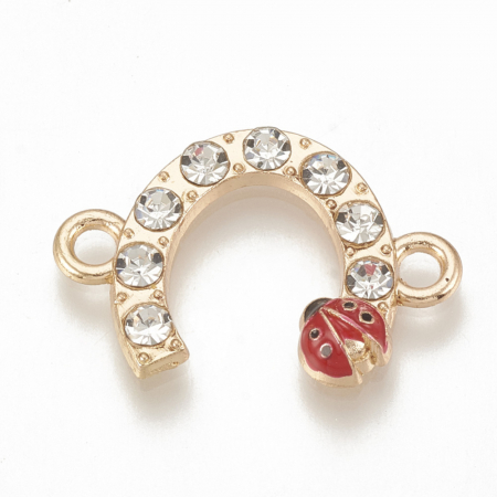 Charm, Pandant, Conector - Conector perfect pentru martisor, potcoava cu cristale si buburuza, metal auriu, emailat.